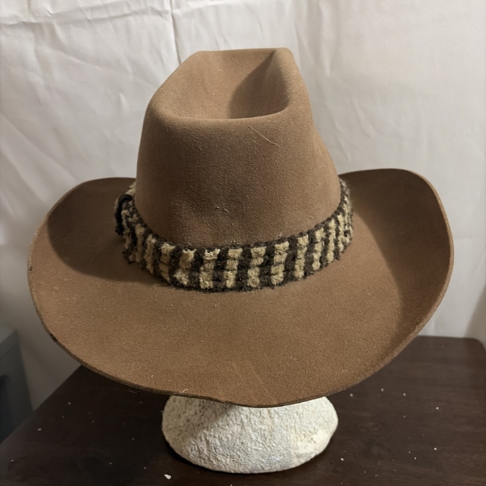 1970s Lee Hat Co Perma-Felt Rancher Cowboy Hat Brown Chevron Woven Band 7 1/4 - Picture 6 of 10